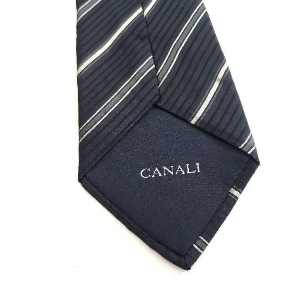 Canali Gray Woven Striped Wide‎ Silk Tie